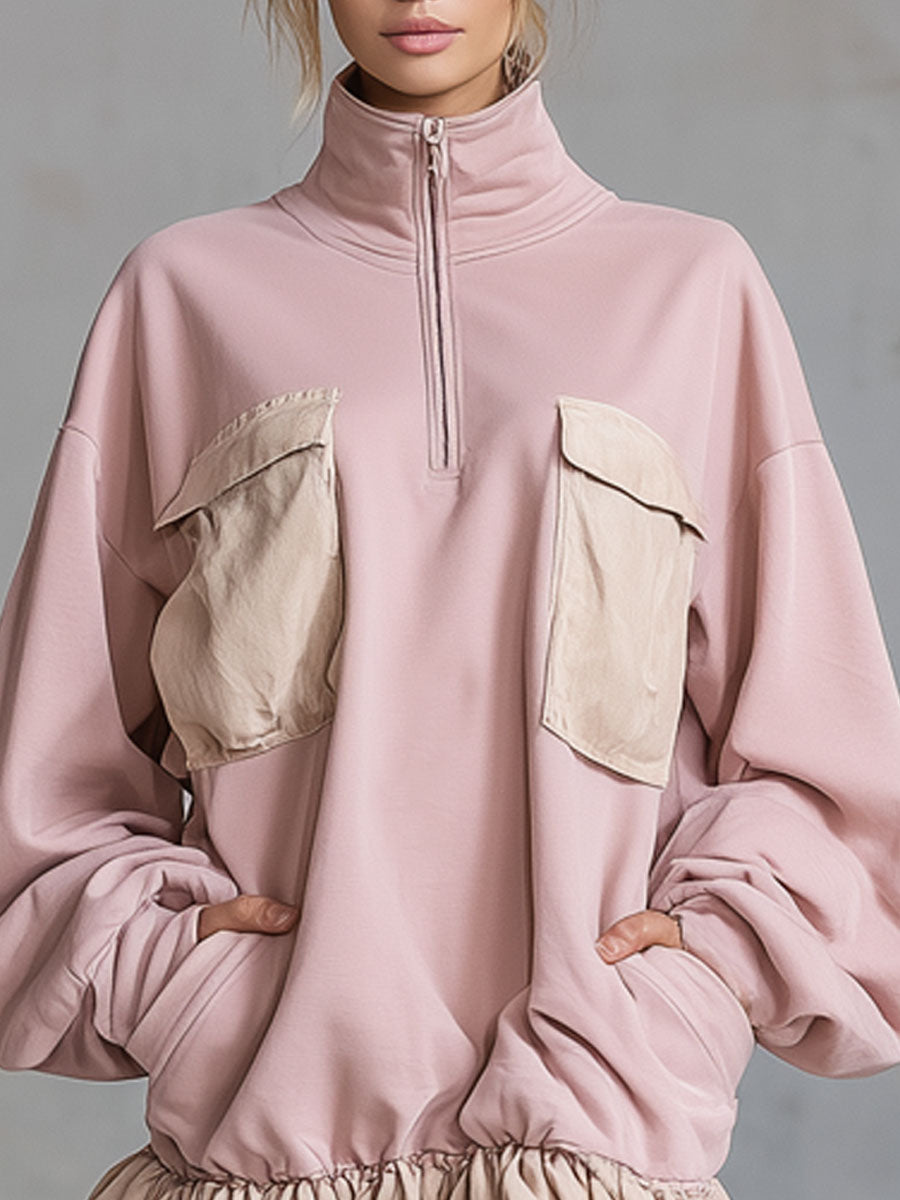 Loose-fitting Stand-collar Zip-up Pocket Long-sleeved Mini Dress