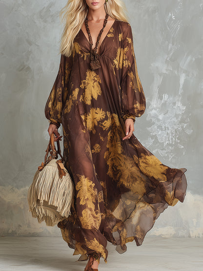 Elegant And Romantic Brown Chiffon Printed Long-sleeved Maxi Dress