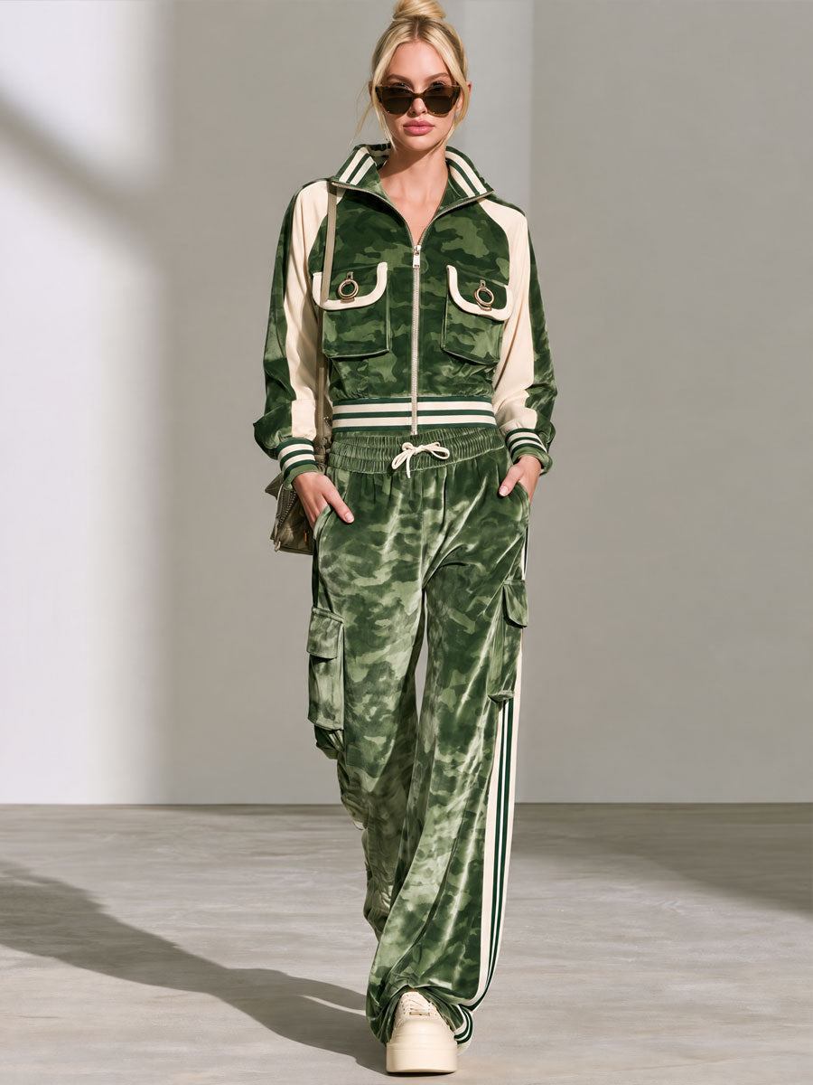 Stylish Retro Green Camouflage Velvet Print Jacket And Pants Set