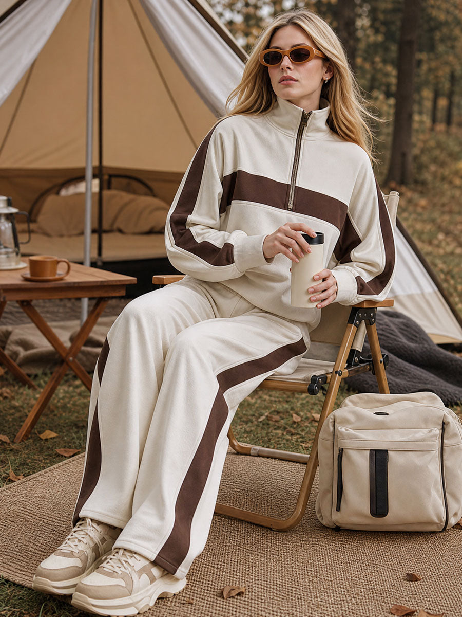 Retro Sporty Color-blocked Beige Cotton Top And Pants Set
