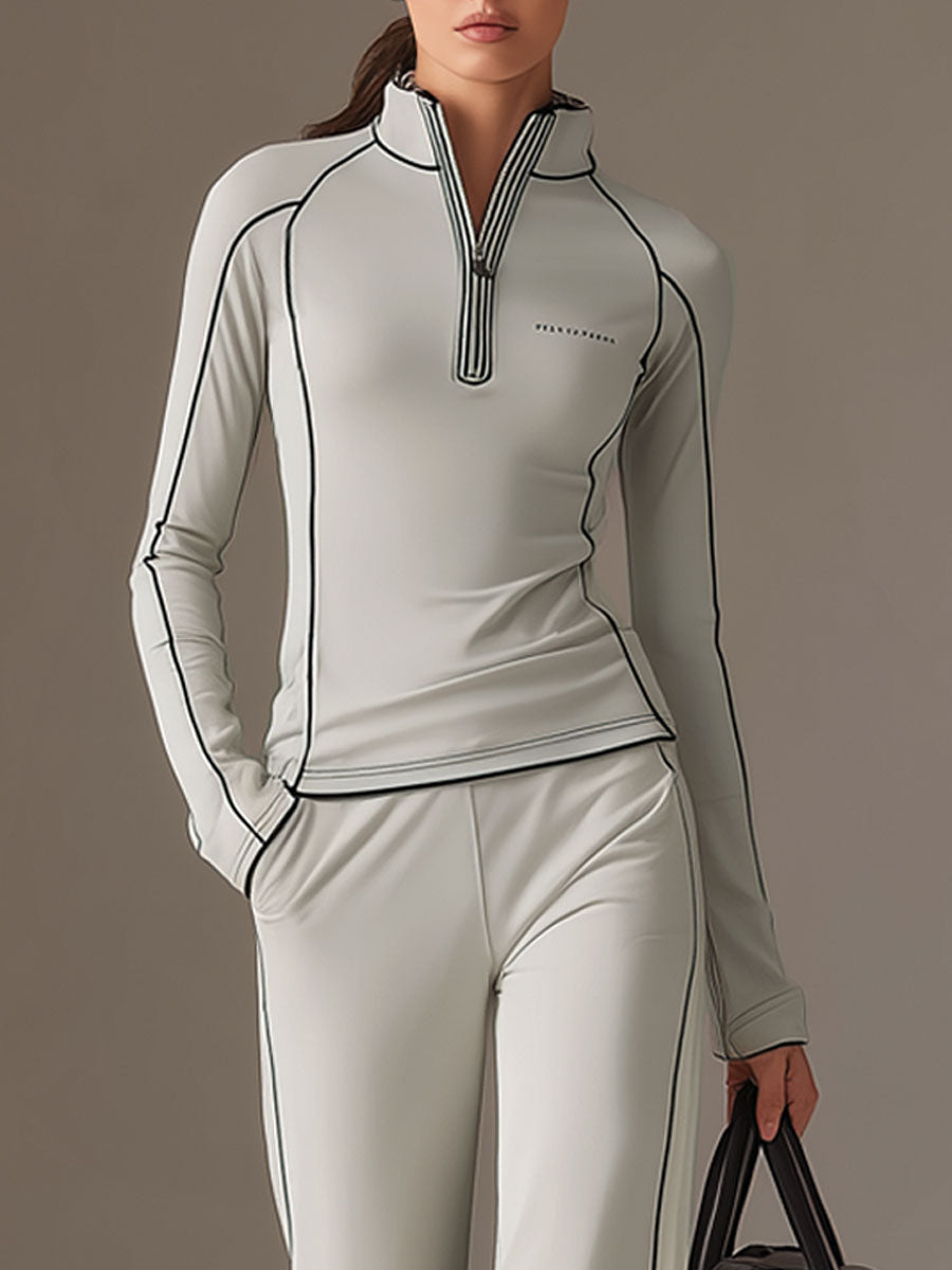 Sports Yoga Piping Gray-Green Lycra Sweatshirt And Wide-Leg Pants Set