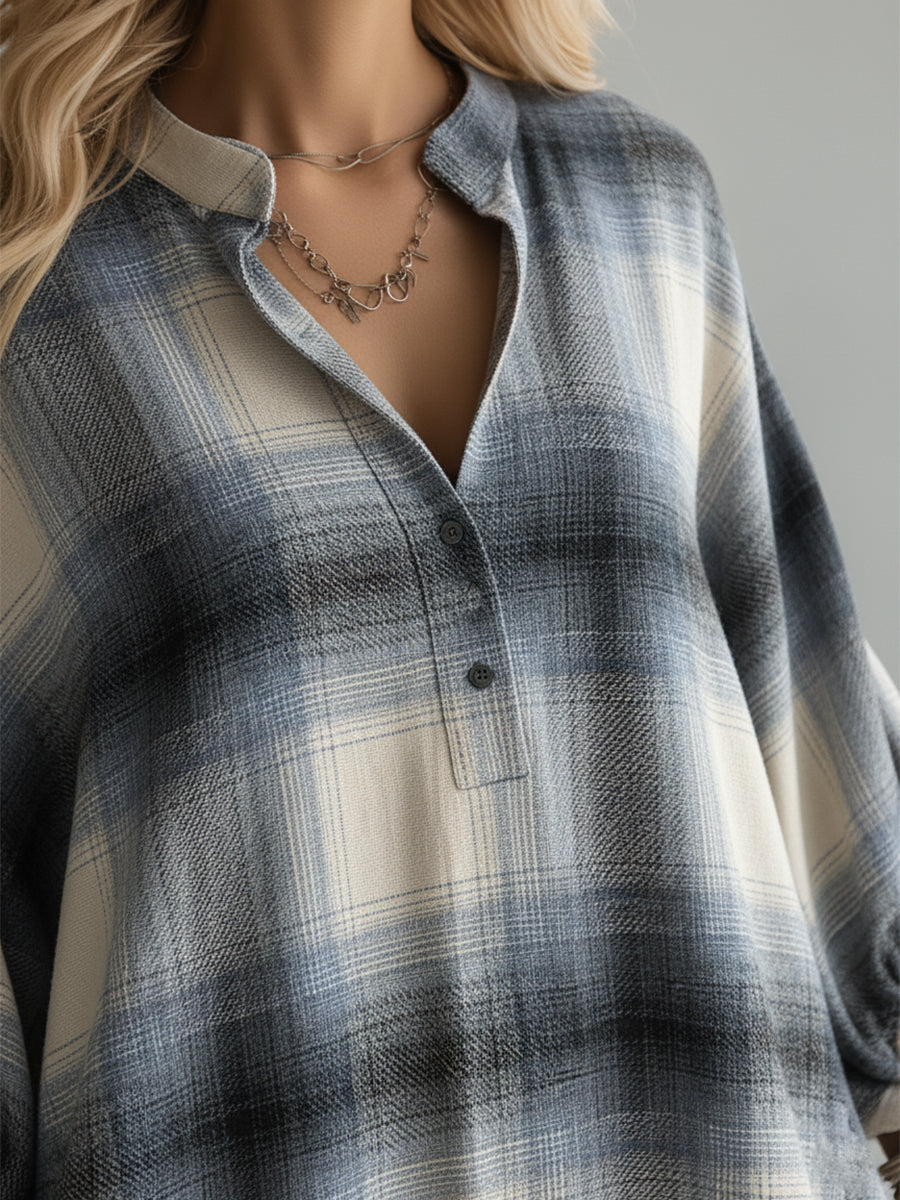 Elegant O-shaped Blue And White Checkered Midi Dress