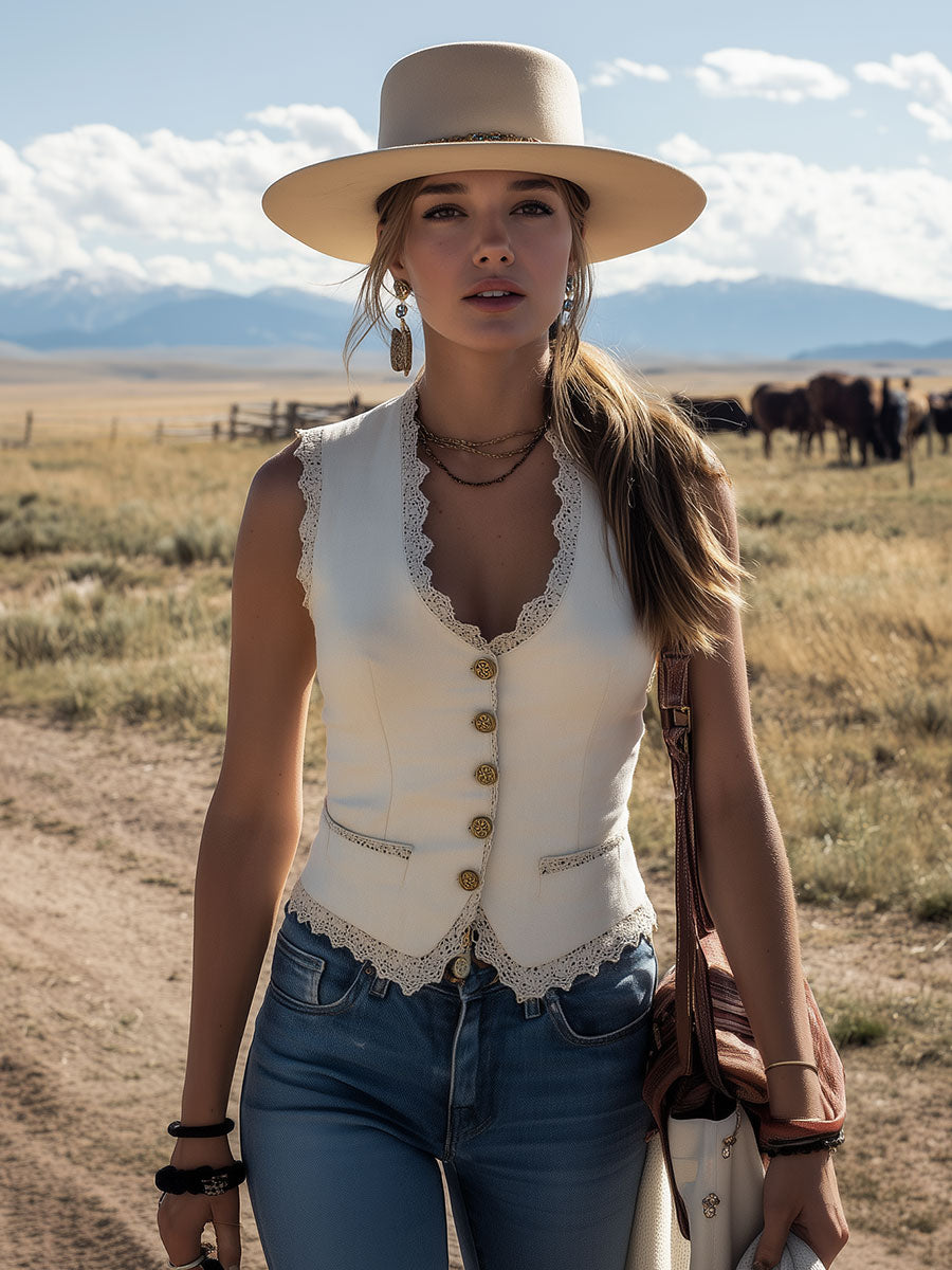 Western-style Retro Lace-trimmed White Faux Suede Sleeveless Vest