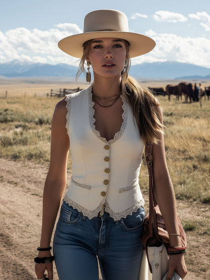 Western-style Retro Lace-trimmed White Faux Suede Sleeveless Vest