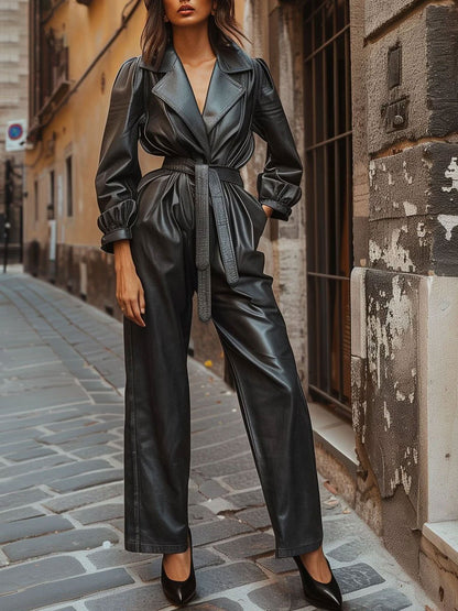 Relaxed Loose Belted Long Sleeve Leather Jumpsuit