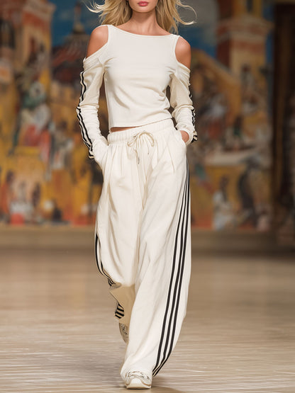 Sporty Off-the-shoulder Long-sleeved Top And Pants Set