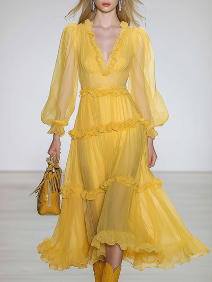 Stylish And Elegant Yellow V-neck Chiffon Midi Dress