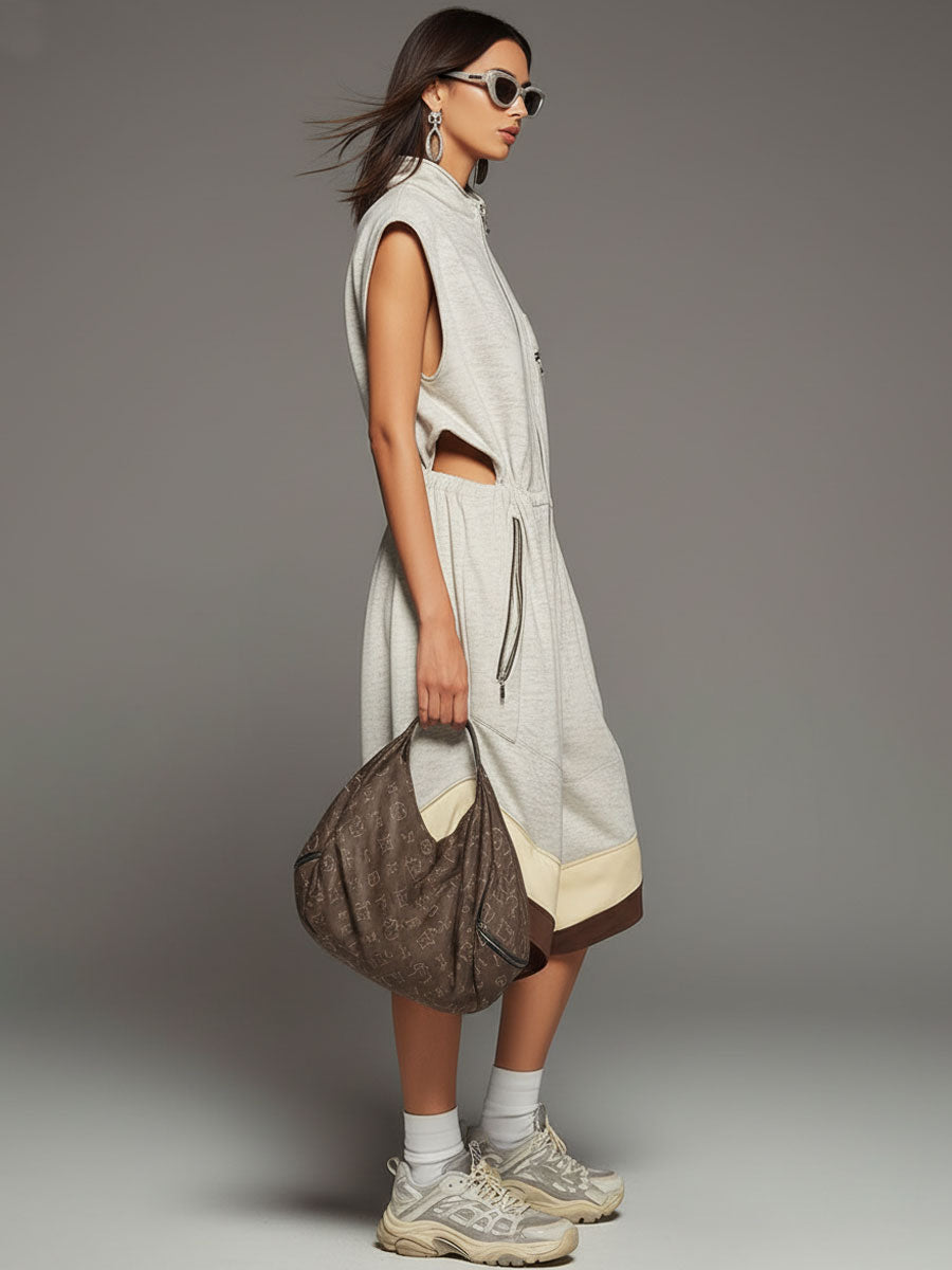 Sporty Retro Gray-white Cutout Sleeveless Shorts Jumpsuit