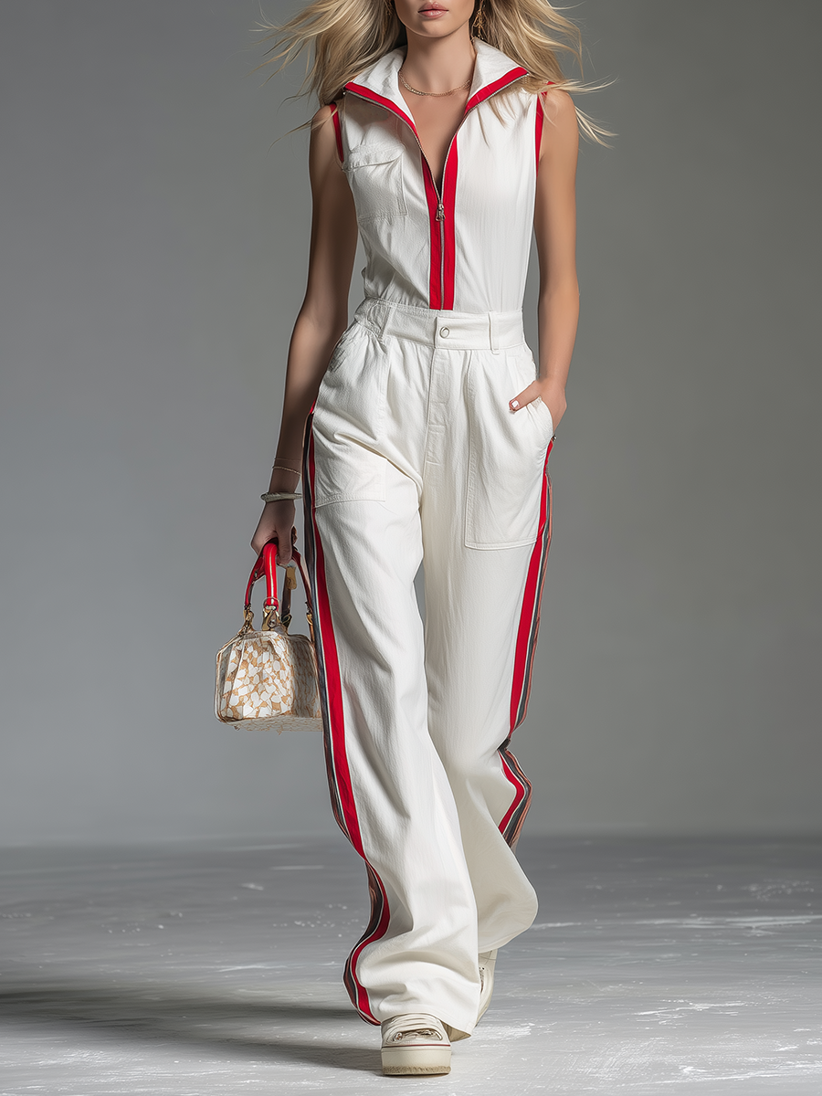Sporty And Stylish Collared Sleeveless Top And Pants Set