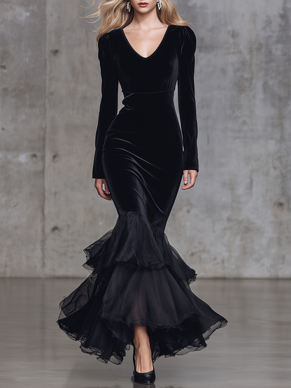 Elegant Cocktail V-neck Chiffon Fishtail Hem Black Velvet Maxi Dress