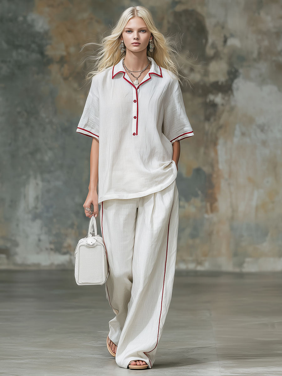 Collared Color-blocked Cotton-linen Short-sleeved Top And Pants Set