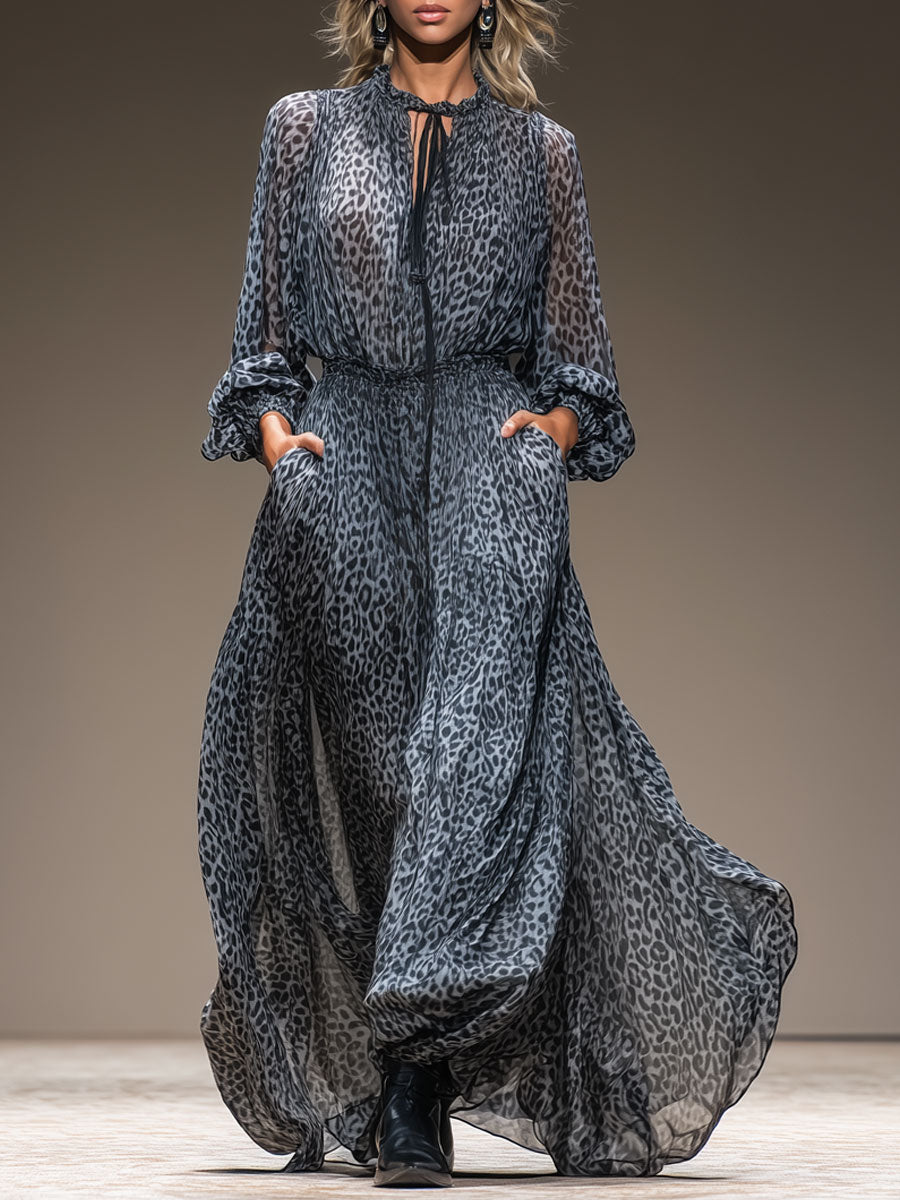 Retro Leopard Print Blue Chiffon V-neck Tie-waist Long Sleeve Maxi Dress