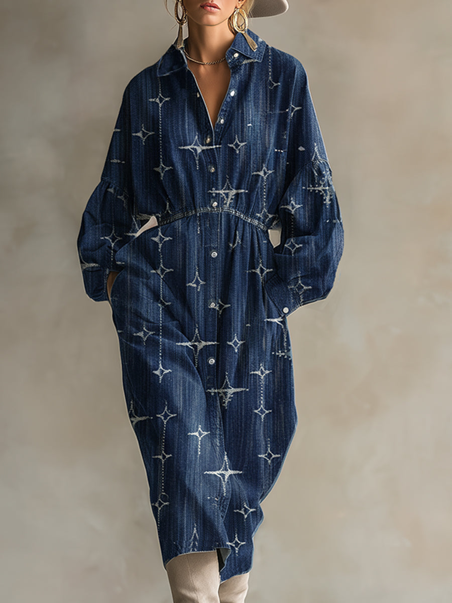 Stylish And Casual Blue Star Denim Midi Dress