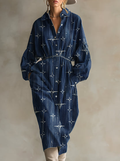 Stylish And Casual Blue Star Denim Midi Dress