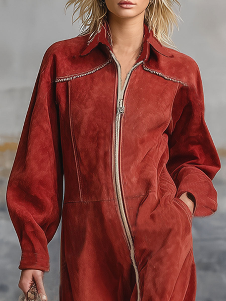 Western-style Lapel Zipper Color-blocked Faux Suede Midi Dress