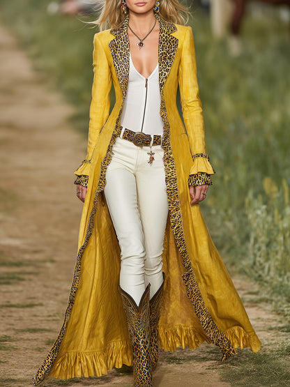 Casual Retro Leopard Print Trim Yellow Cotton And Linen Trench Coat