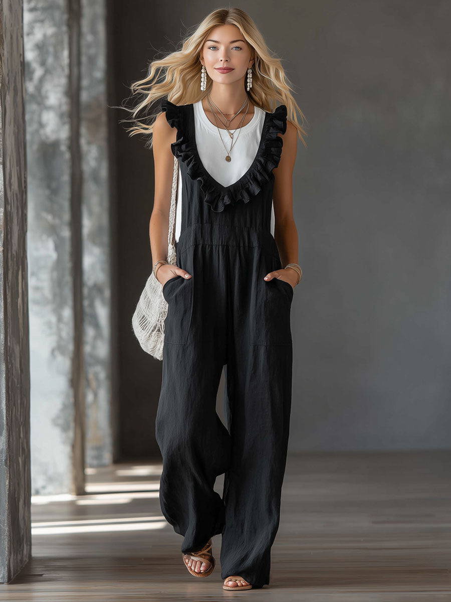 Black V-neck Ruffled Cotton-linen Wide-leg Overalls