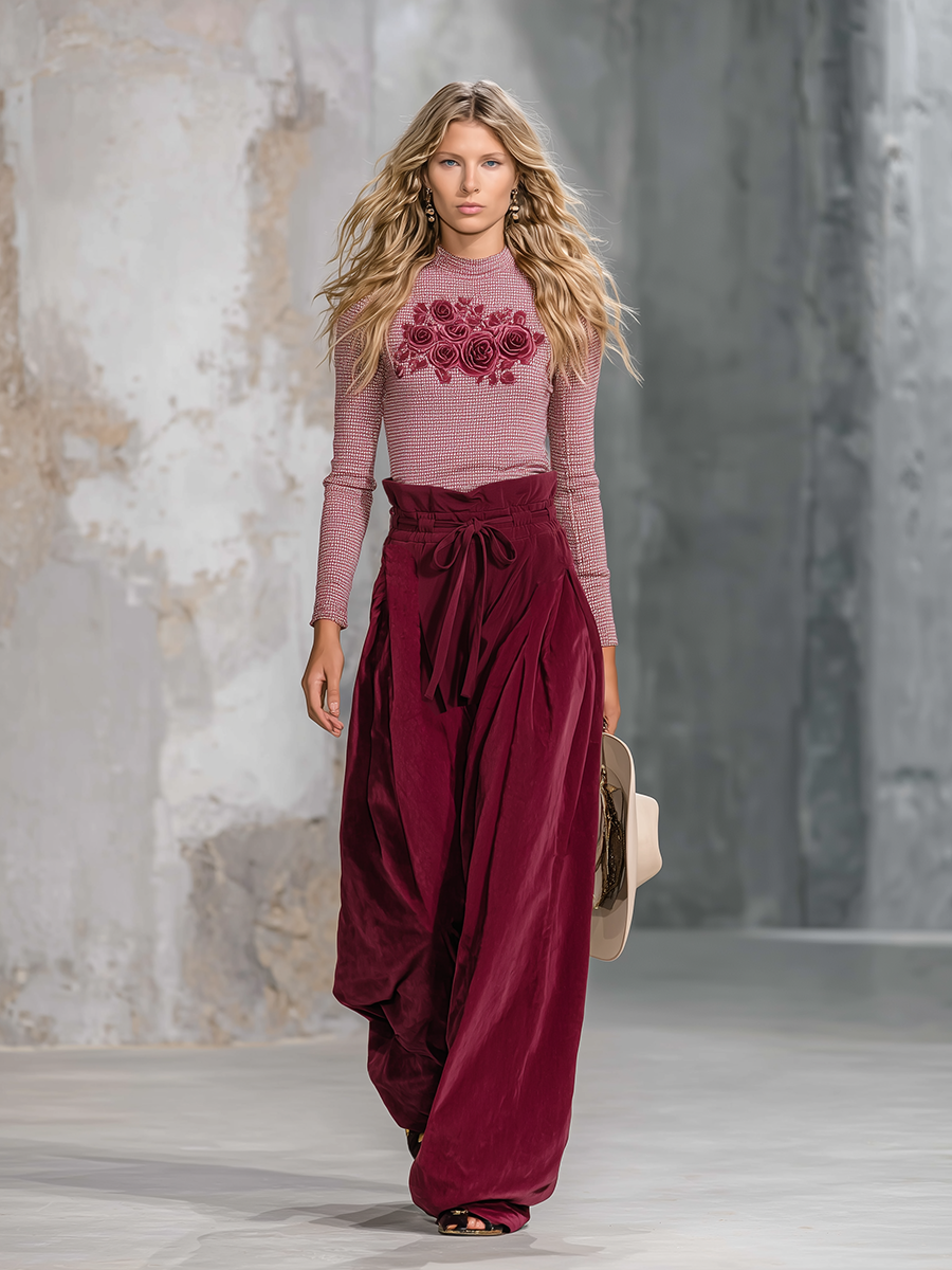 Retro-chic Pink Embroidered Top And Red Faux Suede Paper Bag Pants Set