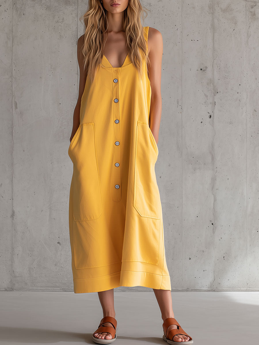 Casual Retro Sporty Yellow Cotton Sleeveless Vest Midi Dress