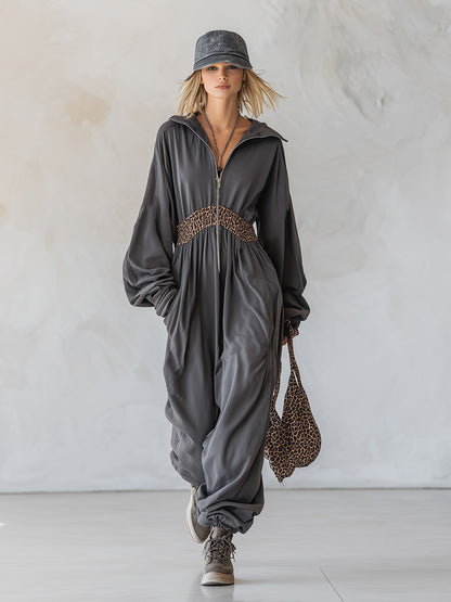 Casual Fit Leopard Print Trim Dark Gray Cotton Athletic Jumpsuit