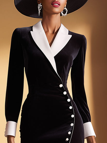 Stylish And Elegant White-collared Black Velvet Midi Dress