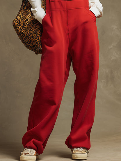 Sporty Retro Embroidered Red Cotton Blend Overalls Sleeveless Jumpsuit