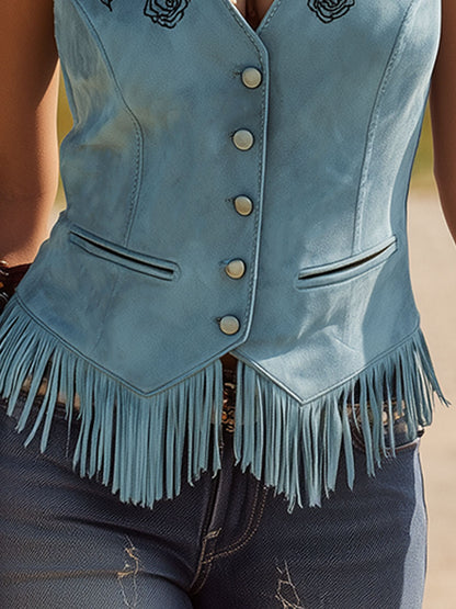 Western-style Retro Fringed Embroidered Lake Blue Sleeveless Faux Suede Shirt