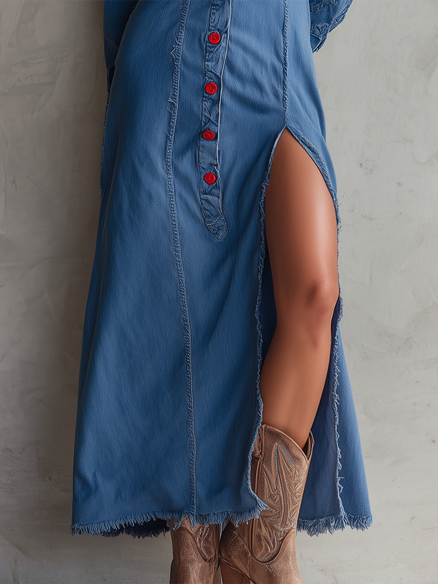 Western Vintage Red-button Slit Denim Dress