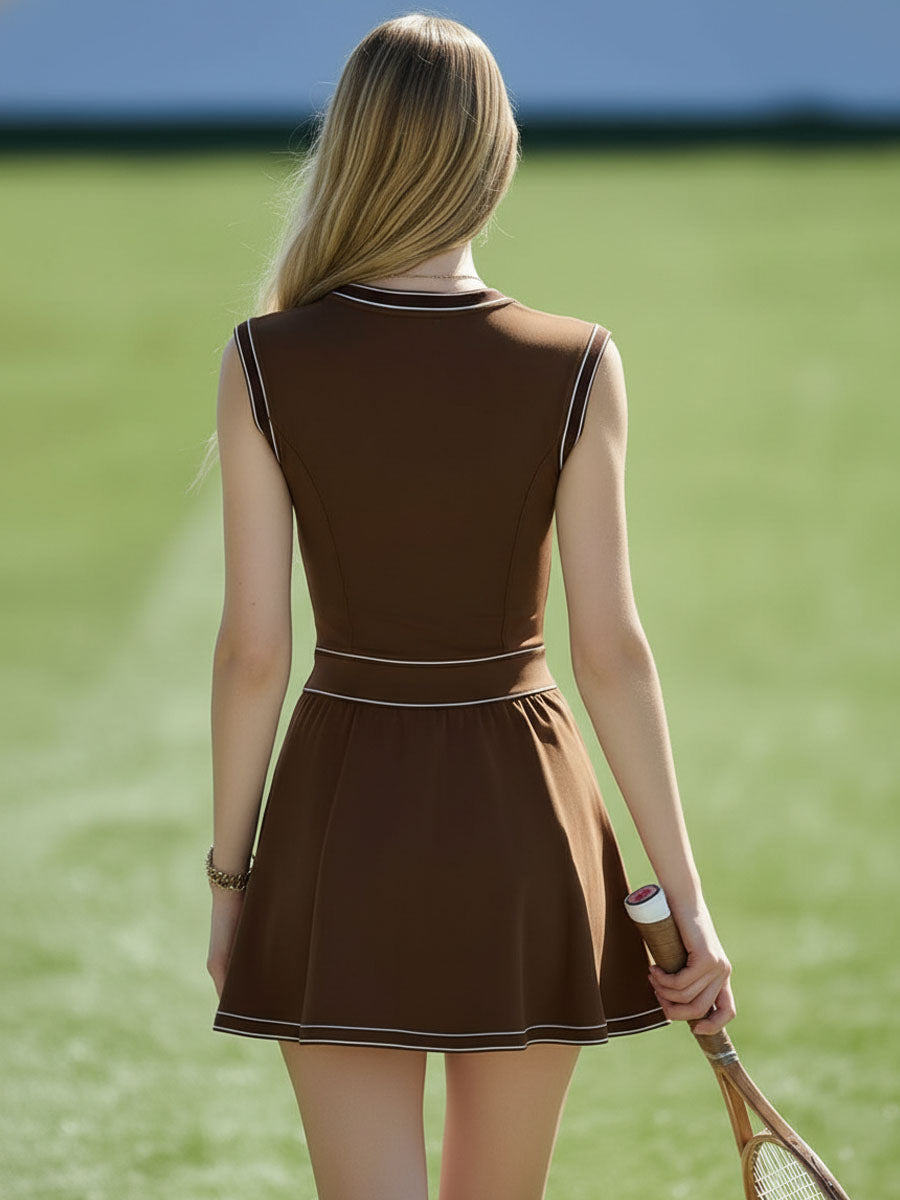 V-neck Button-down Color-blocked Sleeveless Mini Dress