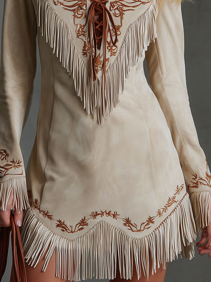 Western-style Tie-up Embroidered Fringed Faux Suede Long-sleeved Mini Dress