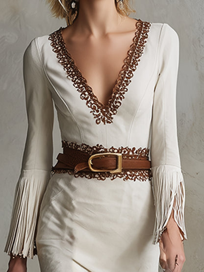 Elegant Retro Lace-trimmed White Faux Suede Midi Dress