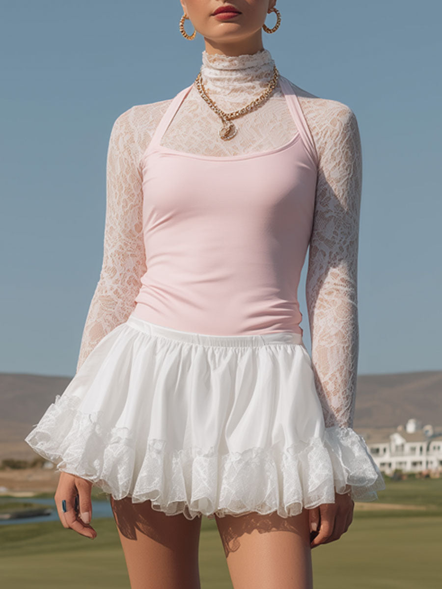 Fashionable Sporty Lace Long-sleeved Pink Vest With Ruffled Skirt Three-piece Set