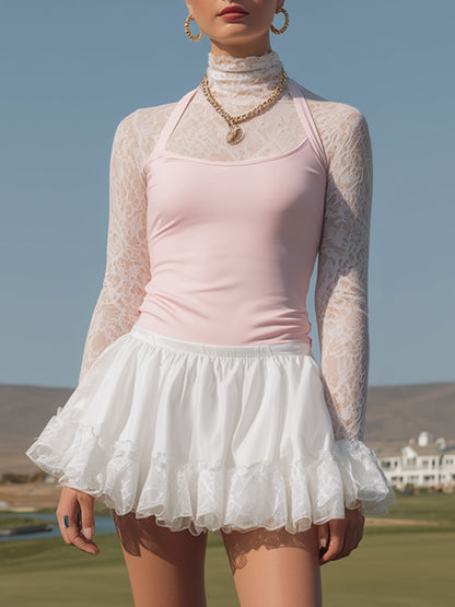 Fashionable Sporty Lace Long-sleeved Pink Vest With Ruffled Skirt Three-piece Set