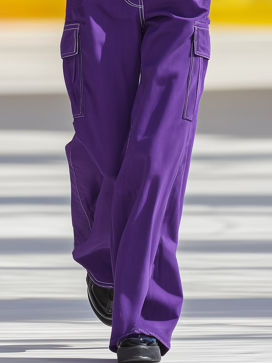 Casual Sports White Topstitching Purple Pant