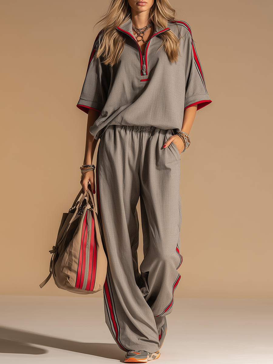 Sporty Retro Short-sleeved Shirt And Wide-leg Pants Set