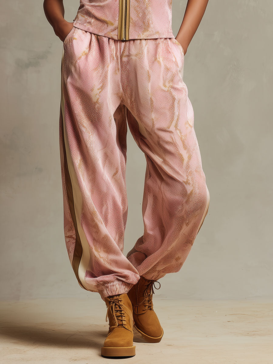 Sporty Retro Snake Print Pink Velvet Vest Jogger Pants Set