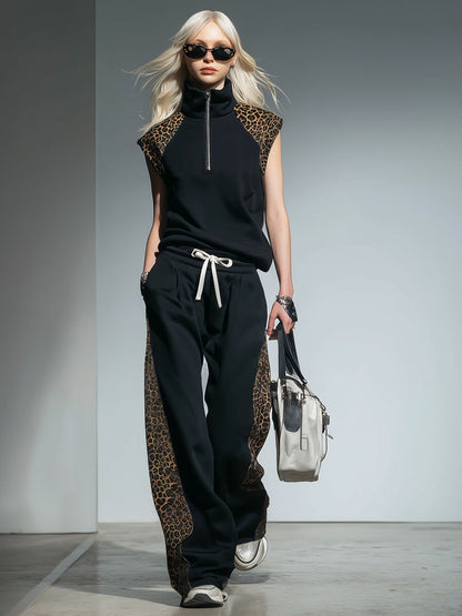 Color-blocked Patchwork Stand-collar Sleeveless Top And Pants Set