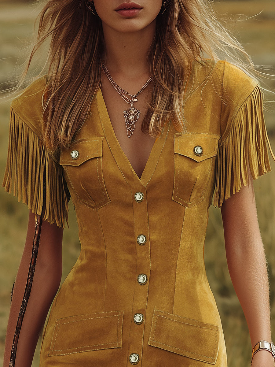 Western-style Vintage V-neck Fringed Faux Suede Mini Dress