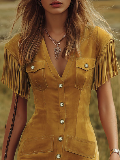 Western-style Vintage V-neck Fringed Faux Suede Mini Dress
