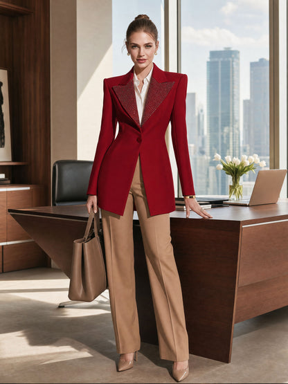 Casual And Elegant Rhinestone Collar Red Slim-fit Blazer