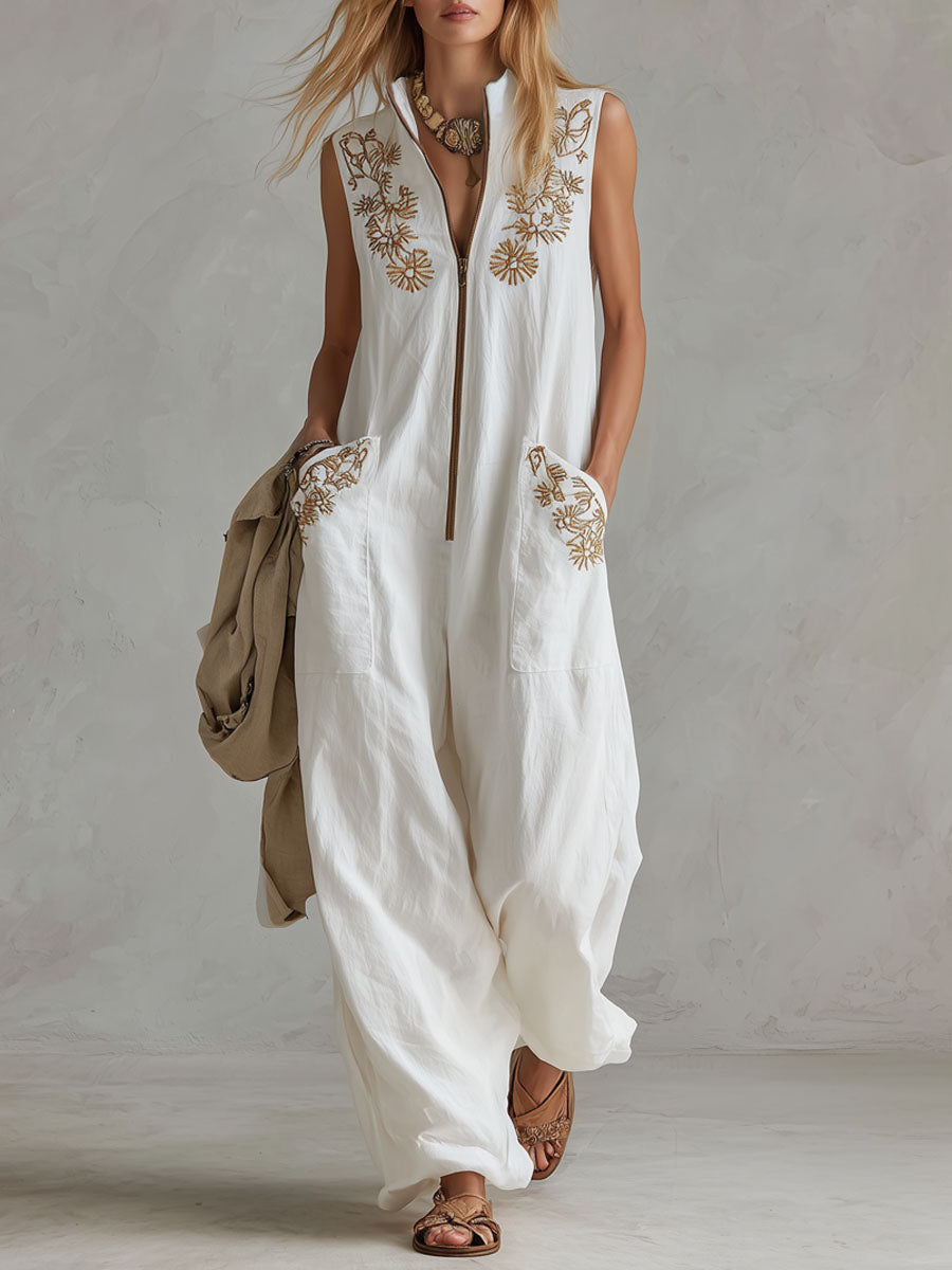 Loose-fitting Stand-up Collar Zip-up Embroidered Cotton Linen Sleeveless Jumpsuit