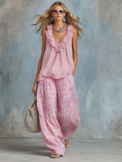 Chiffon Ruffled V-neck Sleeveless Top And Leopard Print Pants Set