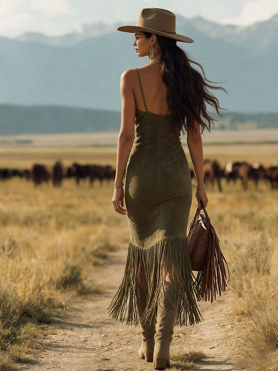 Western Retro Tassel Green Suede Midi Dress