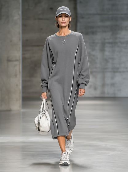Fashionable Sporty Grey Crew Neck Patchwork Webbing Sweatshirt Midi Dress