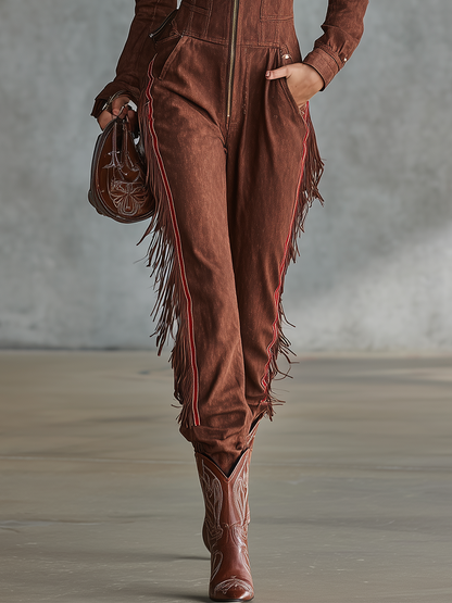 Western Cowgirl Off-shoulder Contrast-stitch Fringe Denim Jumpsuit