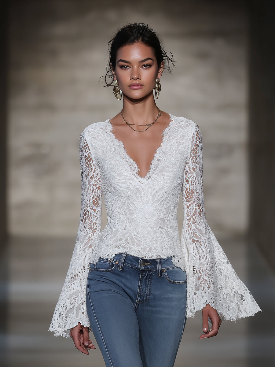 Stylish White Lace V-neck Bell Sleeve Top