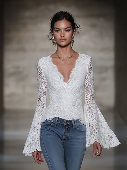 Stylish White Lace V-neck Bell Sleeve Top