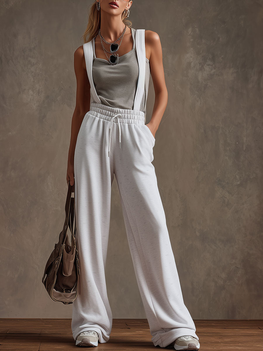 Casual Sporty Retro Gray-White Cotton Blend Overalls