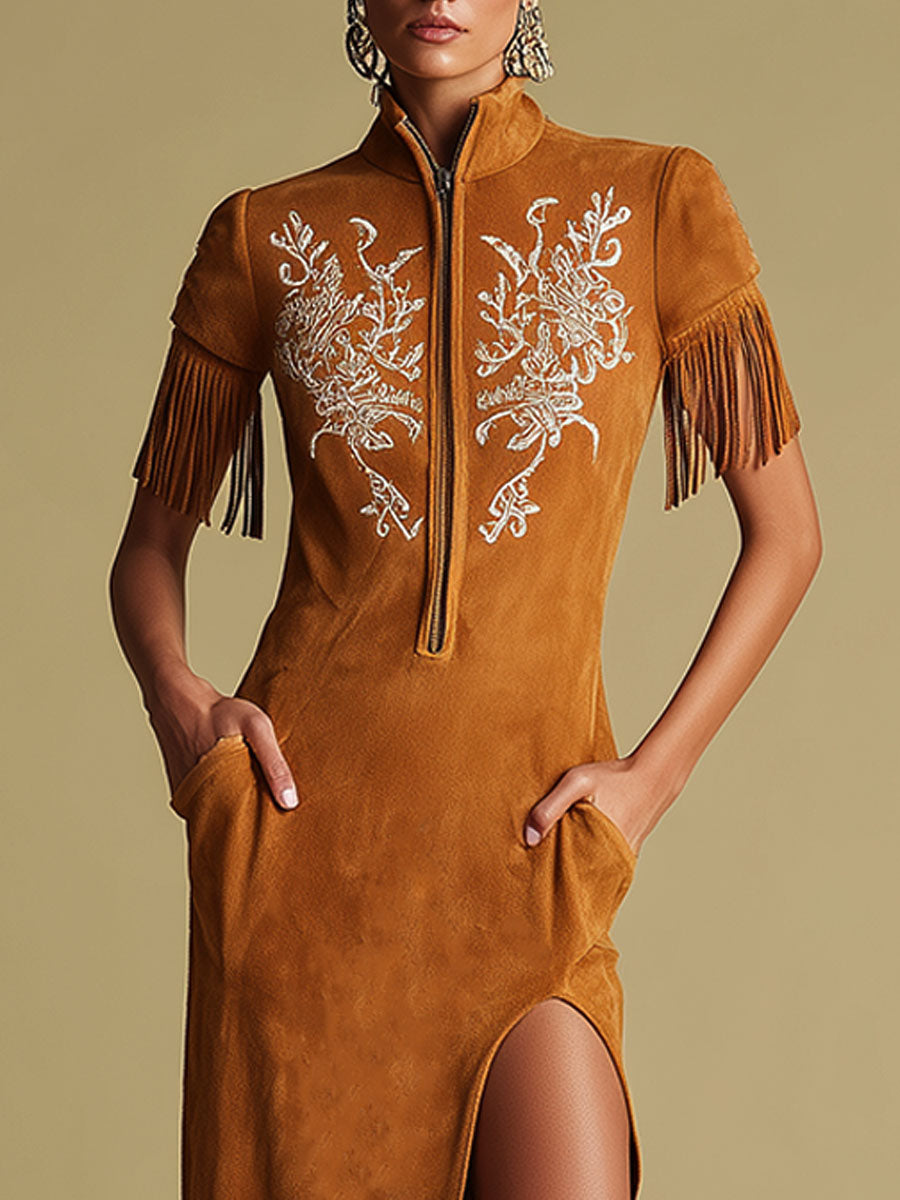 Western Retro Embroidered Brown Fringe Maxi Dress