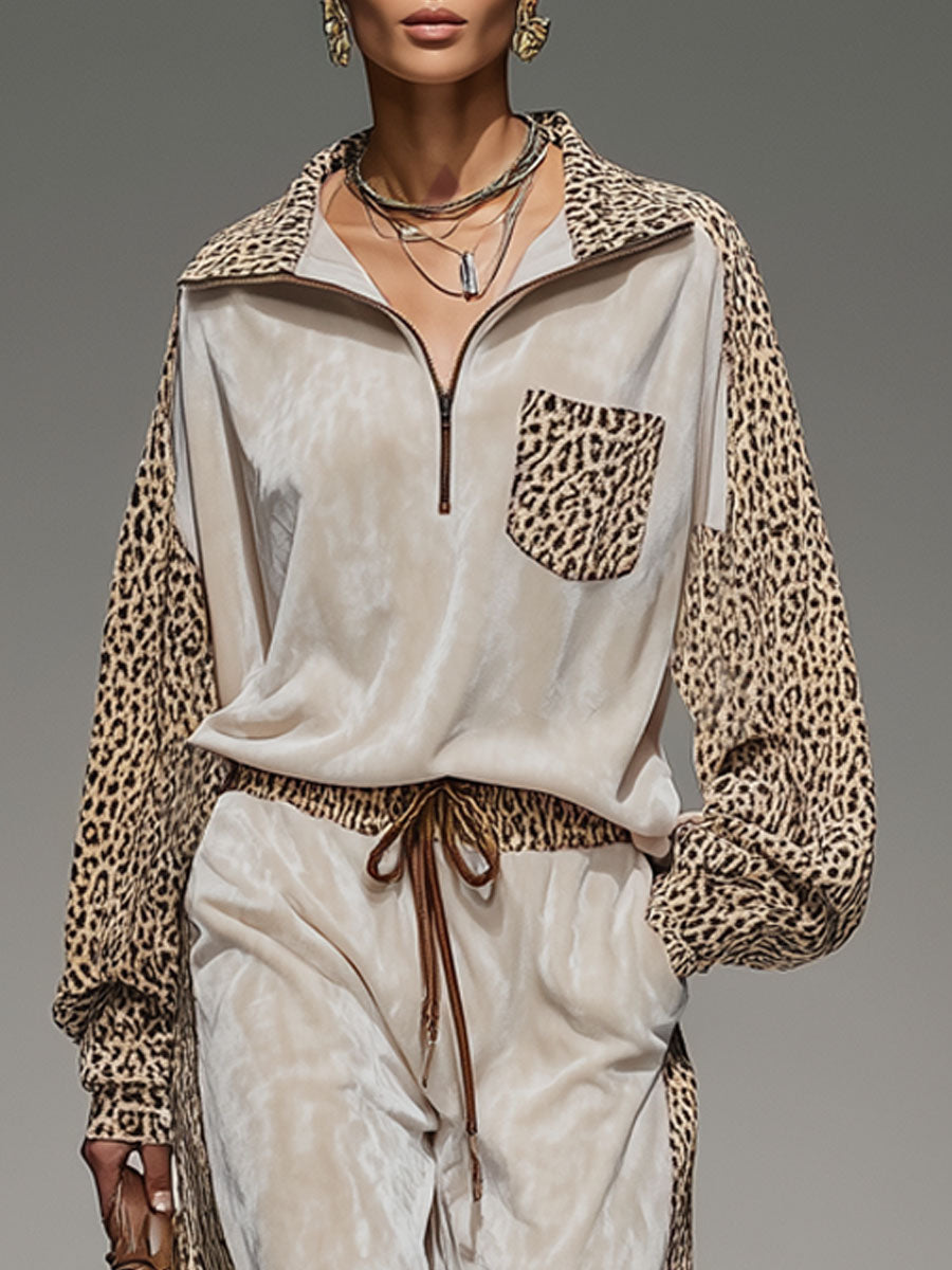Lapel Collar Zip-up Color-blocked Leopard Print And Velvet Patchwork Set